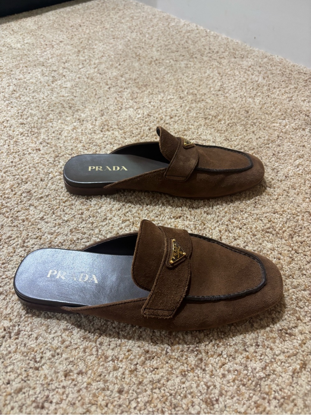 Prada Brown Suede Backless Loafer Mules with Gold Logo - Picture 3 of 8